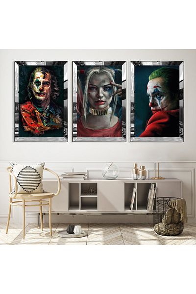 Zevahir Mobilya Dekorasyon Set de masă din MDF triplu cu caracter Joker cu cadru din plexiglas cu oglindă argintie