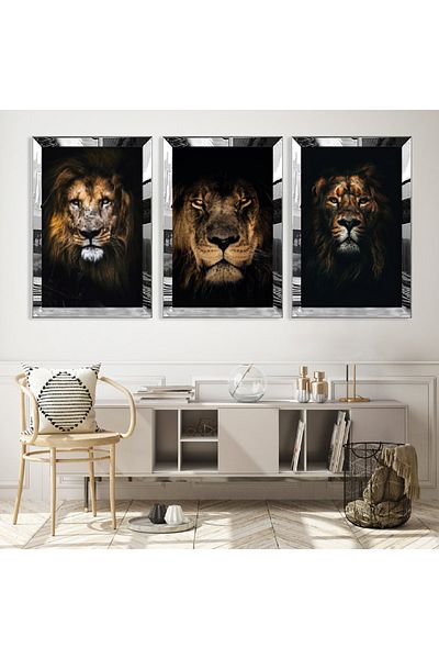 Zevahir Mobilya Dekorasyon Set de pictură din MDF triplu Lion King of the Forest cu cadru din plexiglas cu oglindă argintie