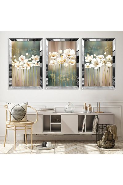 Zevahir Mobilya Dekorasyon Set de pictură din MDF triplu cu flori albe, cu cadru din plexiglas cu oglindă argintie