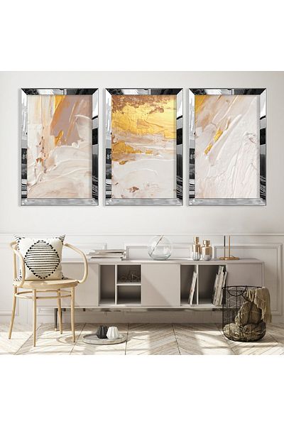 Zevahir Mobilya Dekorasyon Set de picturi din MDF triplu cu model abstract triplu cu cadru din plexiglas cu oglindă argintie