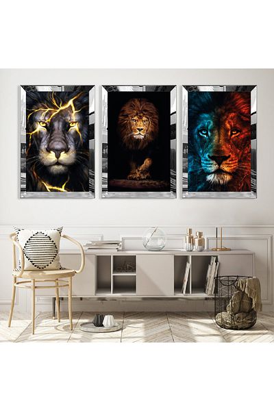 Zevahir Mobilya Dekorasyon Set de masă din MDF triplu Lion cu cadru din plexiglas cu oglindă argintie