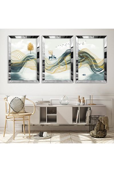 Zevahir Mobilya Dekorasyon Set de pictură din MDF triplu de munte cu cadru din plexiglas cu oglindă argintie