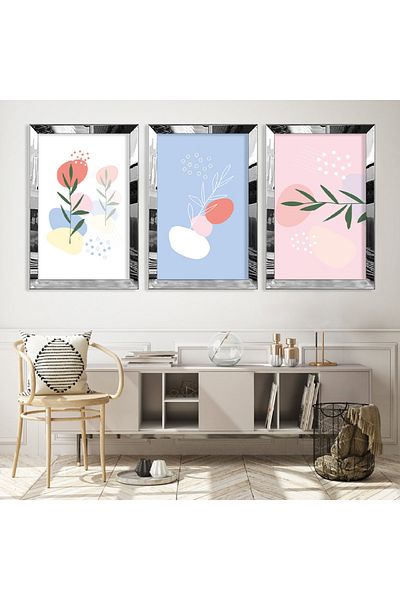 Zevahir Mobilya Dekorasyon Set de picturi din MDF triplu cu model abstract triplu floral minimalist cu cadru din plexiglas cu oglindă argintie