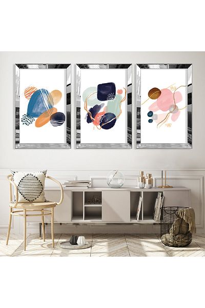 Zevahir Mobilya Dekorasyon Set de picturi din MDF triplu cu model abstract triplu cu cadru din plexiglas cu oglindă argintie