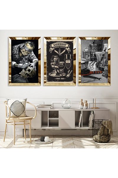 Zevahir Mobilya Dekorasyon Σετ τραπεζιού Berber Professional Triple MDF με χρυσό καθρέφτη από πλεξιγκλάς