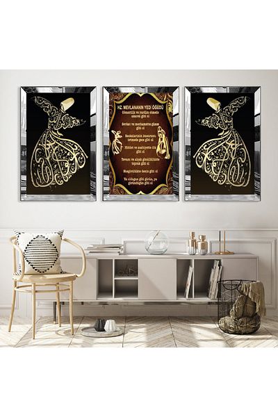 Zevahir Mobilya Dekorasyon Set de picturi din MDF triplu argintiu Mevlana's Seven Pillars cu cadru din plexiglas cu oglindă argintie