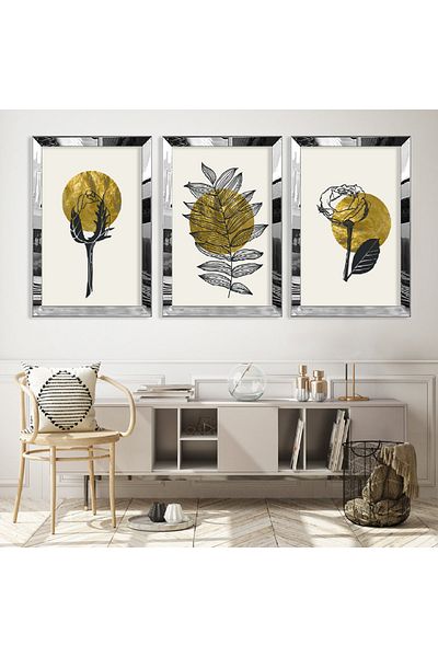 Zevahir Mobilya Dekorasyon Set de picturi din MDF triplu cu model abstract triplu cu cadru din plexiglas cu oglindă argintie
