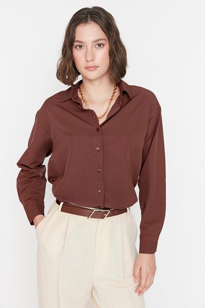 Trendyol Collection Barna laza szabású pamut szőtt ing TWOAW20GO0107