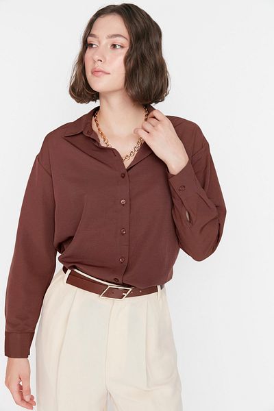 Trendyol Collection Barna laza szabású pamut szőtt ing TWOAW20GO0107
