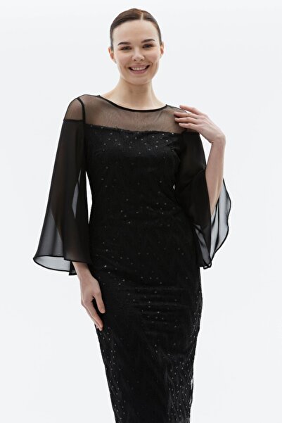 Selen Giyim Kolu Şifon Dökümlü Üstü Tül Payetli Elbise