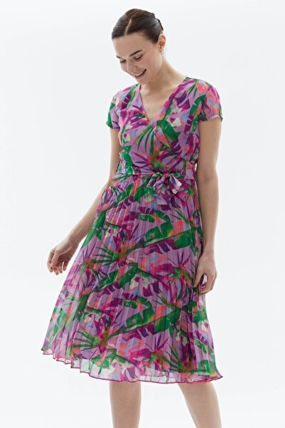 Genel Markalar Eteği Pliseli Palmiye Desen Elbise