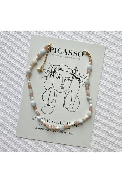 SOVEY Sun Stone Pearl And Akumarin Natural Stone Design Necklace
