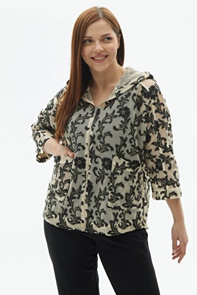 Selen Giyim Büyük Beden Kendinden Jakarlı Kapüşonlu Hırka