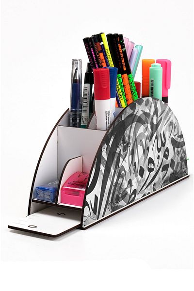 kutuTR Wooden Vip Islamic Rainbow Ruled Desktop Pen Holder Organizer with Assembled Box