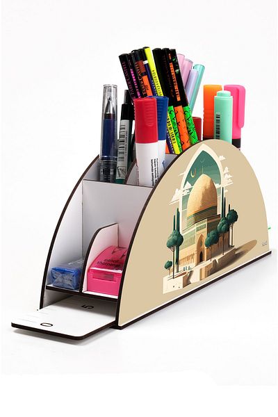 kutuTR Wooden Vip Islamic Rainbow Ruled Desktop Pen Holder Organizer with Assembled Box