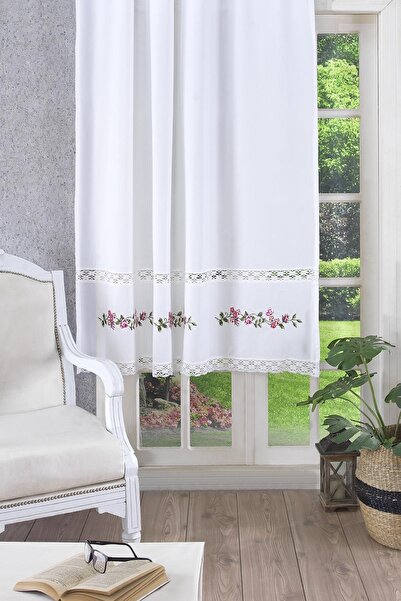 ÖDEL HOME Beyaz - Pembe Ajurlu Dantelli Çiçek Nakışlı Perde