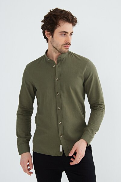 RAVANELLI Dark Khaki Prevailing Collar Modern Slim Fit Linen Look Flam Long Sleeve Men's Shirt