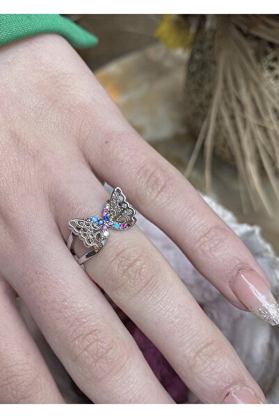 takıtarzım خاتم نسائي قابل للتعديل بأحجار ملونة على شكل فراشة