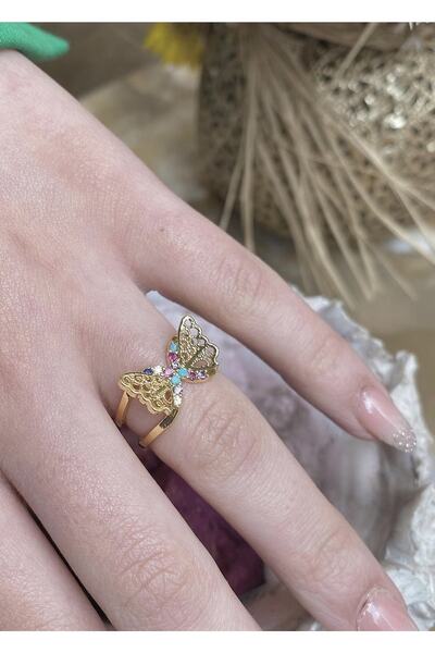 takıtarzım خاتم نسائي ذهبي قابل للتعديل بأحجار ملونة على شكل فراشة