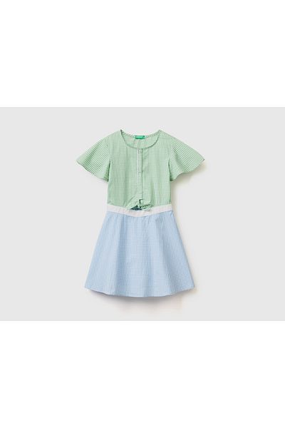 United Colors of Benetton Girl's Mix Front Window Color Block Vichy Poplin Dress Green-tan