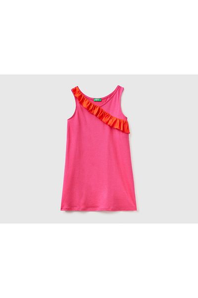 United Colors of Benetton Girl's Fuchsia Viscose Mixed Ruffle Detailed Dress Red Violet