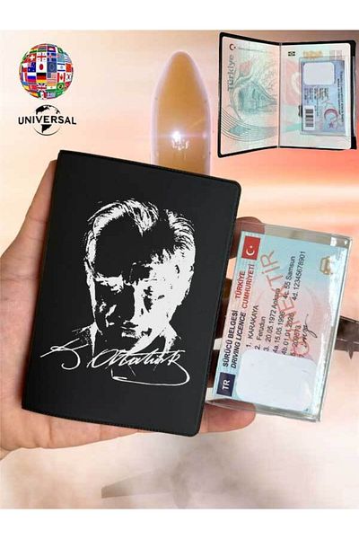 Cekuonline Mustafa Kemal Atatürk Patterned Smooth Surface Leather Passport Cover Case Suitable for All Country Passports