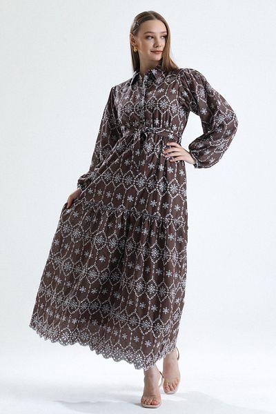 MD trend Women's Brown Balloon Sleeve Buttoned Lined Belted Patterned Long Embroidery Dress
