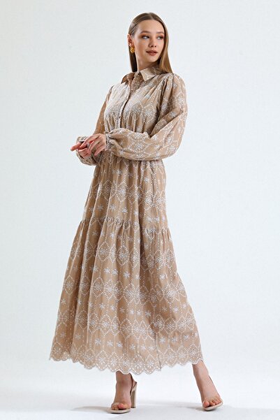 MD trend Γυναικείο φόρεμα με μακρύ κέντημα σε μπεζ μπεζ μανίκι με κουμπιά με ζωνωτή γραμμή