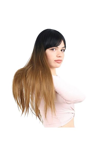 KONAK PERUK Synthetic Fiber Long Bangs Wig - Black / Caramel Ombreli