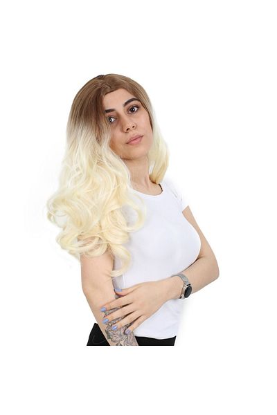 KONAK PERUK Platinum Long Ombreli - Dense Wavy Fiber Synthetic Wig, Honey Foam without Rivet