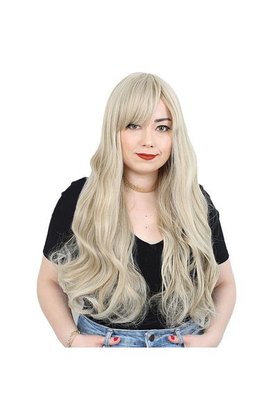 KONAK PERUK Fiber Synthetic Long Wavy Wig with Bangs - Honey Foam and Platinum Relief