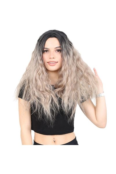 KONAK PERUK Fluffy Wavy Long Fiber Synthetic Wig - Black / Ashy Baby Yellow Ombreli