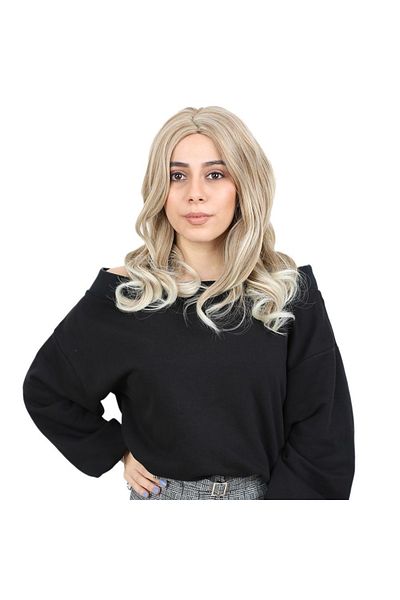 KONAK PERUK Medium Wavy Synthetic Fiber Wig - Caramel / Platinum Highlights, No Bangs