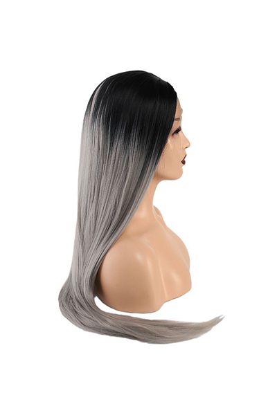 KONAK PERUK Black Grey Ombreli Fiber Synthetic Long Tulle Wig