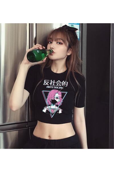 Touz Antisocial Anime Girl Printed - Top Crop Negru Zolid Wear