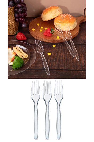 Özkan Ambalaj Temizlik 300 Pieces 3 Pack Luxury (Thick) Clear White Plastic Dinner Forks Disposable Forks