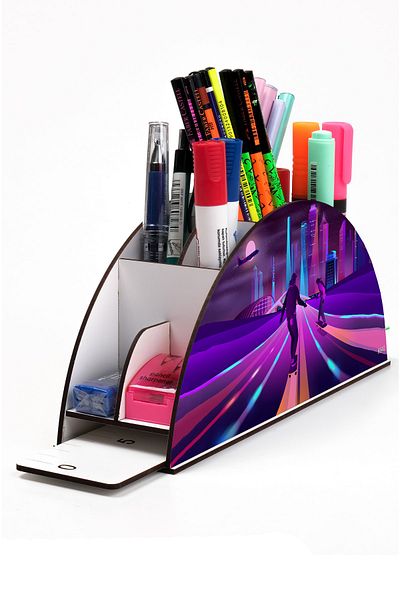 kutuTR Wooden Vip Astronaut and Space Rainbow Ruled Desktop Pen Holder Organizer Assembled Boxed