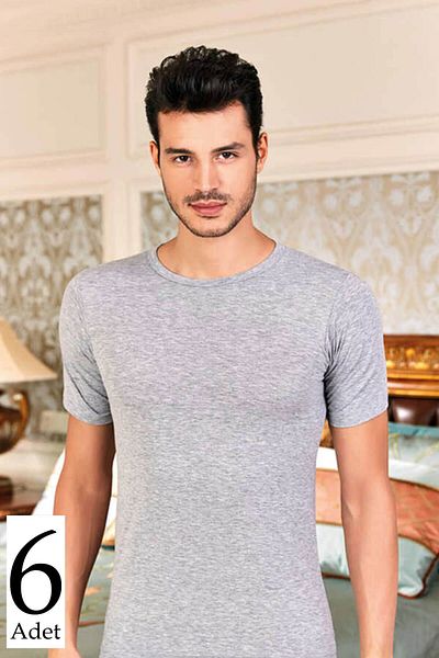 Berrak Ανδρικό εσώρουχο Grey Lycra 6 Pack - Κοντό μανίκι, Crew Neck MBR10246