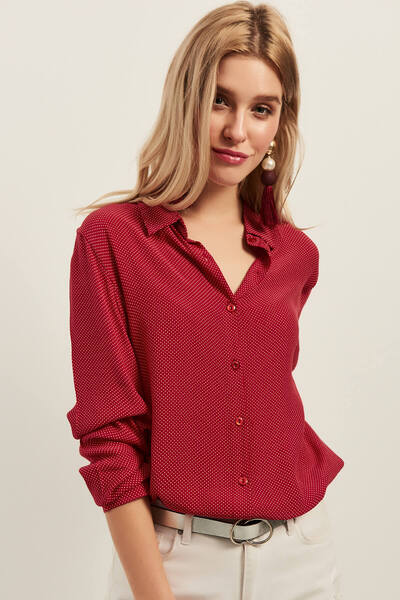 Olalook Kadın Kırmızı Minik Puantiyeli Salaş Viskon Gömlek OLA-G10654