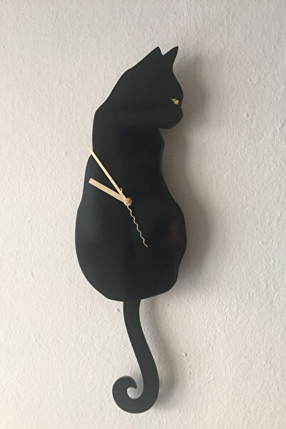 Markakanvas Siyah Kuyruğu Sallanır Kedi Dekoratif Duvar Saati SiyahKedi