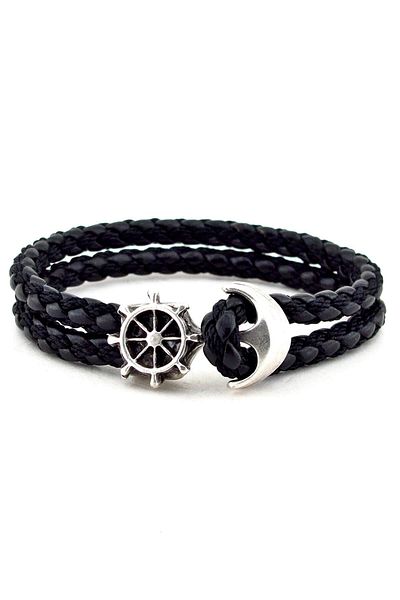 Solfera Men's Anchor Rudder Black Color Leather Bracelet Bt193