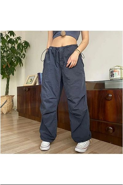 Gofeel Parachute Fabric Adjustable Waist Detail Smoked Color Loose Trousers Smoked
