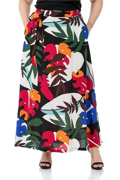DISENTIS MODEST Large Size Elastic Waist Back Flared Pocket Belted Long Colored Skirt