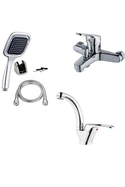 MOONSHOP 3'lü Set Banyo Bataryası Lavabo Bataryası Kare Duş Seti 5 Yıl Garanti