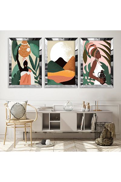 Zevahir Mobilya Dekorasyon Set de picturi din MDF triplu cu model abstract triplu cu cadru din plexiglas cu oglindă argintie