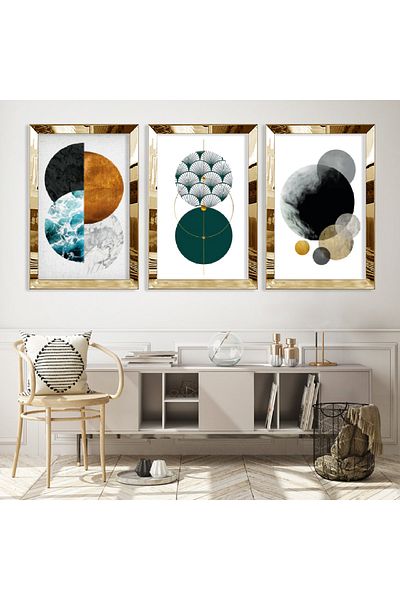 Zevahir Mobilya Dekorasyon Σετ τριπλό τραπέζι MDF Sky Bodies με χρυσό καθρέφτη από πλεξιγκλάς