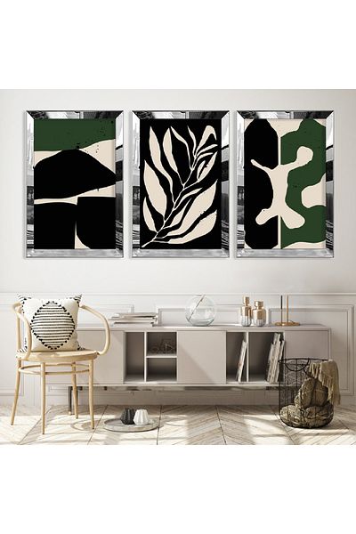 Zevahir Mobilya Dekorasyon Set de picturi din MDF triplu cu model abstract triplu cu cadru din plexiglas cu oglindă argintie
