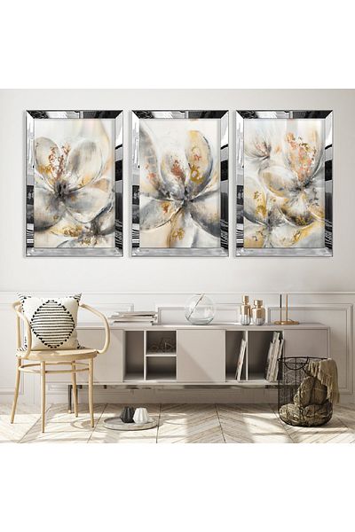 Zevahir Mobilya Dekorasyon Set de pictură din MDF triplu cu flori gri, cu cadru din plexiglas cu oglindă argintie