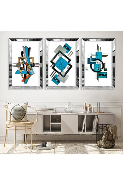 Zevahir Mobilya Dekorasyon Set de pictură triplă MDF cu cadru din plexiglas cu oglindă argintie