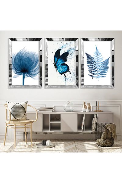 Zevahir Mobilya Dekorasyon Set de masă din MDF triplu fluture albastru cu cadru din plexiglas cu oglindă argintie